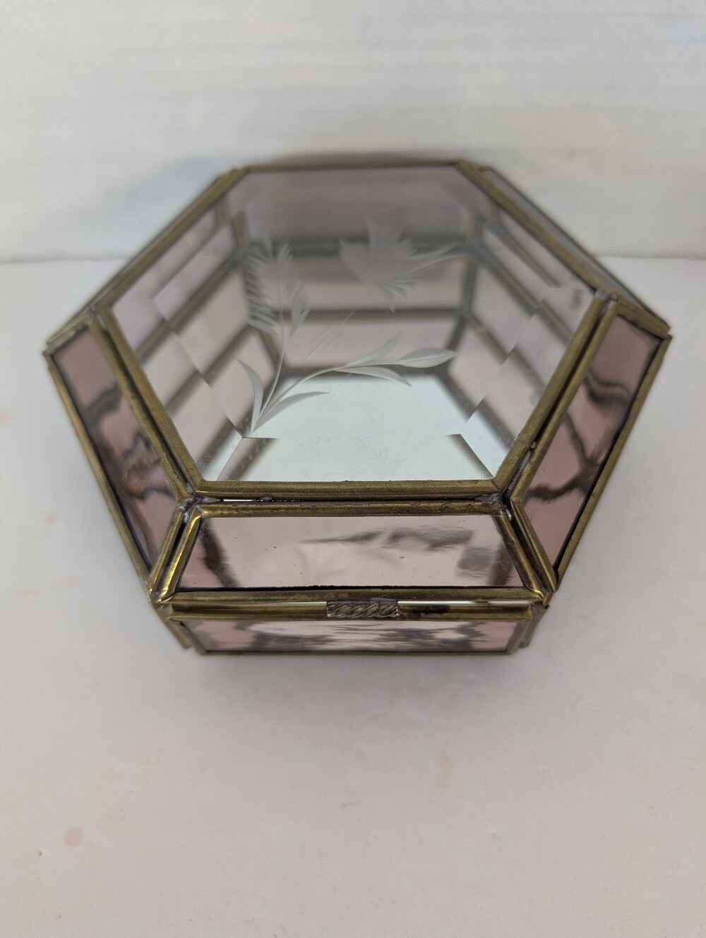 Vintage Hexagonal Purple Glass Jewelry Box with Etched Mirror Lid